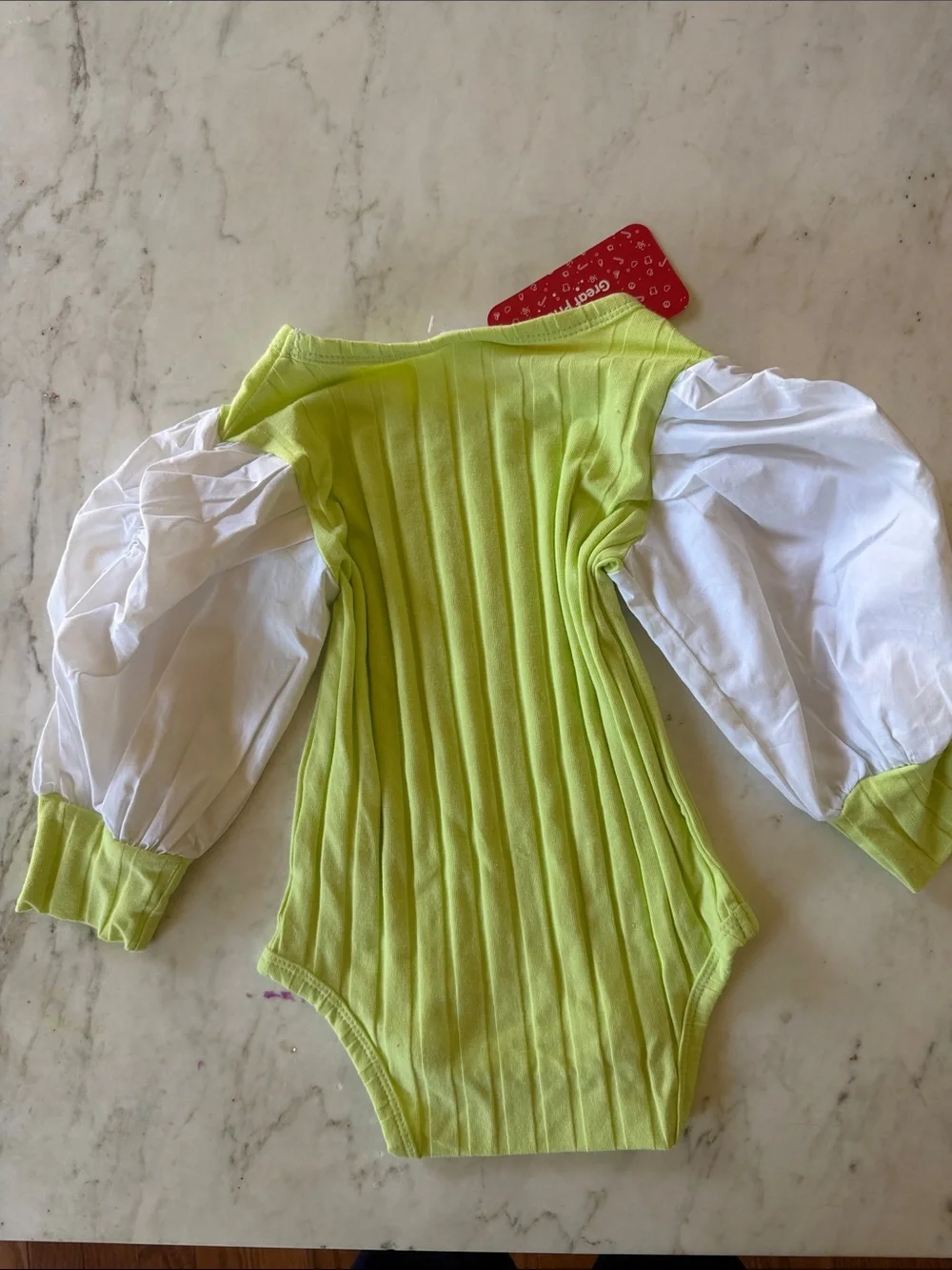Green Ribbed Bodysuit with Puff White Sleeves